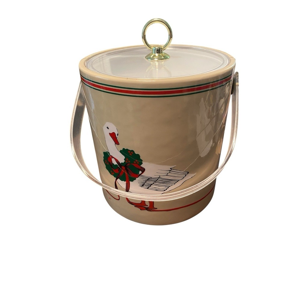 Vintage Cera White Duck Christmas Ice Bucket with Lid Wreath Box Xmas 1970s
